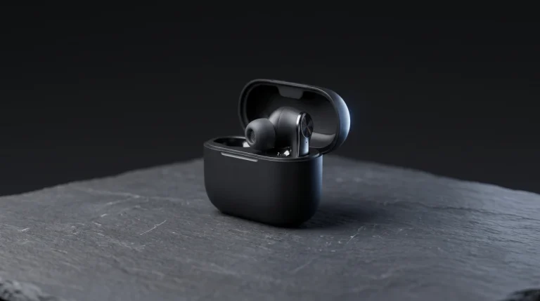 Sleek Ash Black OnePlus Nord Buds 3r TWS earbuds and matte charging case resting on a modern slate surface, highlighting its 12.4mm drivers and 54-hour total battery life.