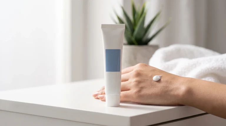 Minimalist lifestyle image of a small white sunscreen trial tube with soft gel texture swatch on a clean surface, bright natural lighting, clean composition.