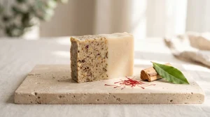 Premium handmade Ghar Soaps Sandalwood and Saffron Magic Bar surrounded by natural saffron threads and sandalwood, highlighting organic Ayurvedic skincare for tan removal and skin brightening.