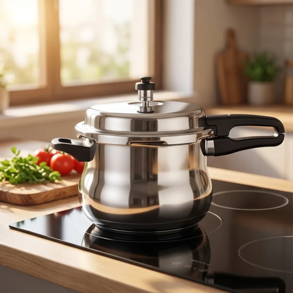 Premium generic stainless steel pressure cooker with a tightly closed lid on a modern induction cooktop, highlighting healthy Tri-Ply cooking for the Butterfly Curve 3L review.