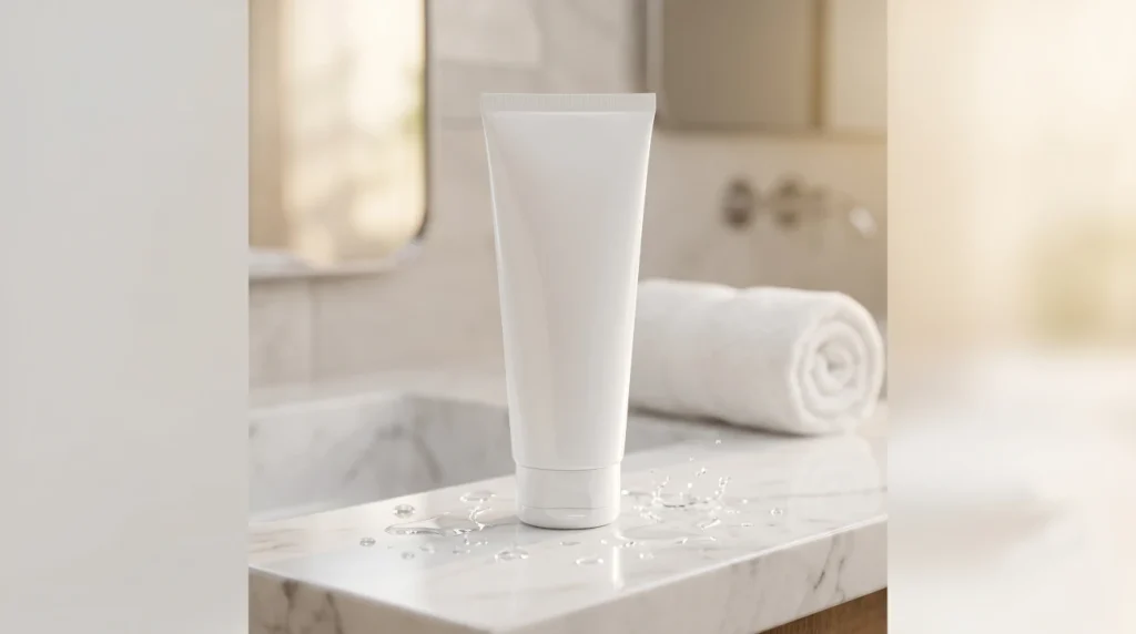 Premium generic face wash tube on a clean bathroom vanity with water splashes, representing dark spot removal and pigmentation care for The Derma Co Kojic Acid Face Wash review.