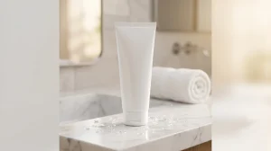 Premium generic face wash tube on a clean bathroom vanity with water splashes, representing dark spot removal and pigmentation care for The Derma Co Kojic Acid Face Wash review.