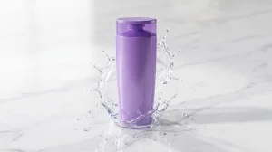 Sleek purple L'Oreal Paris Hyaluron Moisture 72H shampoo bottle on a white marble surface with hydrating water splashes, showcasing hyaluronic acid hair care for dry hair.