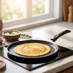 Premium non-stick dosa tawa with a crispy round dosa on a modern induction cooktop, highlighting healthy oil-free cooking for the Prestige 27.5cm review.