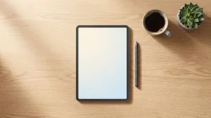 Top-down flat lay of a modern minimalist tablet, active stylus pen, and a coffee cup on a wooden desk, representing a productive digital workspace for the Redmi Pad 2 review.