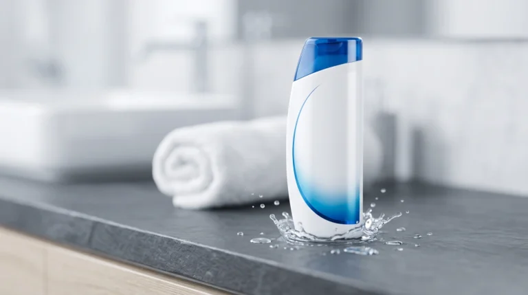 Sleek Scalpe Pro Daily Anti-Dandruff Shampoo bottle on a clean bathroom vanity, highlighting its clinical Climbazole and ZPTO formulation for daily dandruff care and hair fall control.