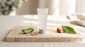 Minimalist Simple Kind To Skin Refreshing Facial Wash gel tube on a clean white surface with fresh water drops, representing a 100% soap-free and hydrating gentle cleanser for sensitive skin.
