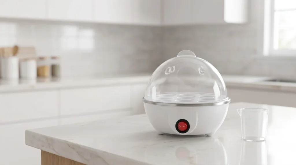 Compact white electric egg boiler on a clean kitchen counter, lifestyle product shot, soft lighting, minimal composition