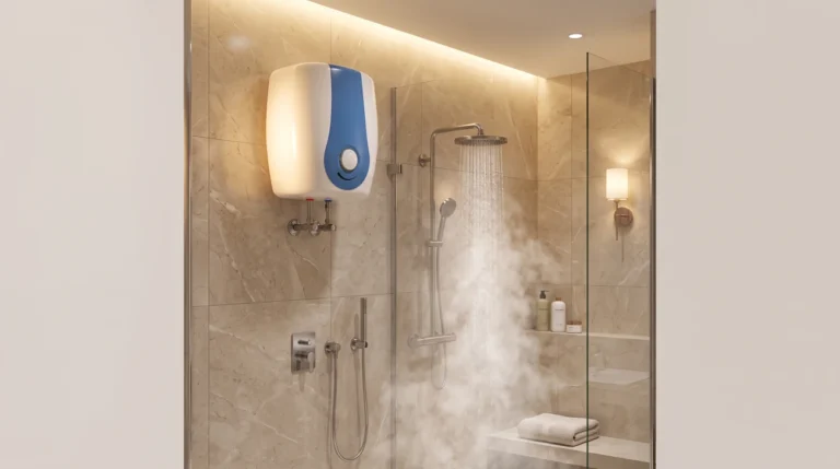 Premium generic vertical 25-litre electric water heater mounted in a modern bathroom, highlighting energy-saving heating for the AO Smith geyser review.