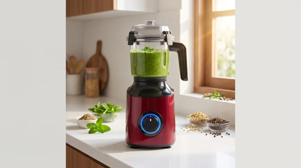 Premium generic red wine BLDC mixer grinder with a secure lock lid blending green chutney on a modern kitchen counter, highlighting energy-efficient smart appliances for the Atomberg Zenova review.