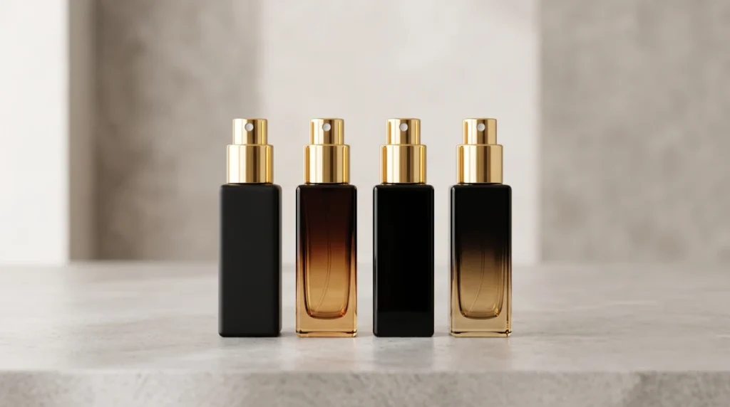 Four elegant mini men’s perfume bottles arranged on a clean minimal surface, lifestyle product shot of travel fragrance gift set, soft lighting, minimal composition.