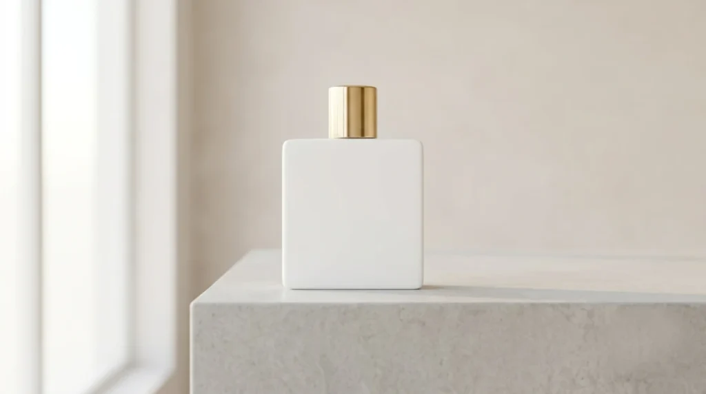 Elegant unisex EDP perfume bottle on a clean minimal surface, lifestyle product shot of soft oud woody fragrance, soft lighting, minimal composition.