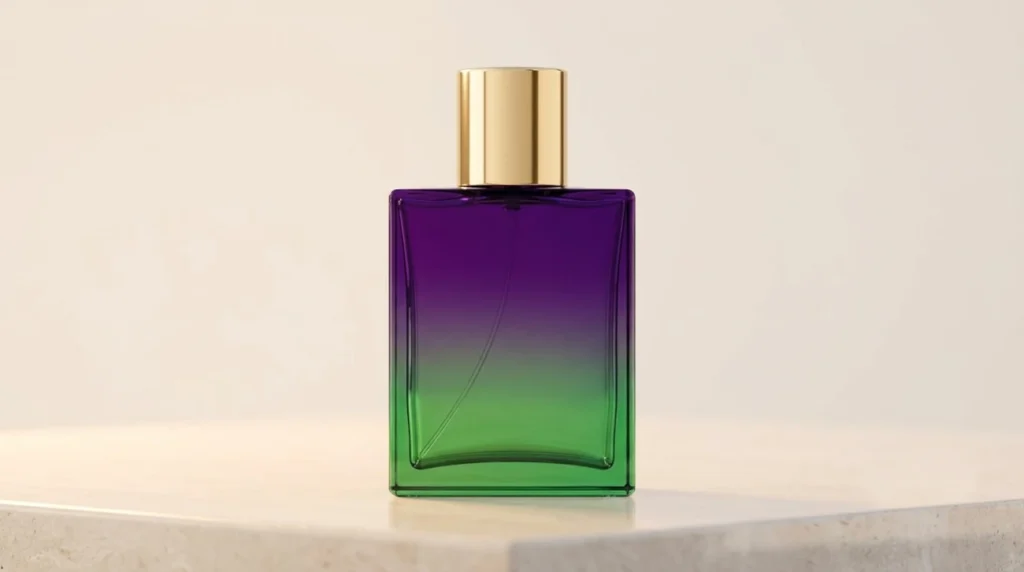 Elegant unisex EDP perfume bottle on a clean minimal surface, lifestyle product shot of fruity oriental fragrance, soft evening lighting, minimal composition.