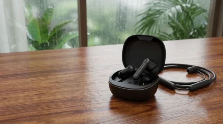 A pair of modern black true wireless earbuds and a neckband earphone resting on a traditional wooden desk, representing the best boAt earbuds under 999 during the monsoon season.