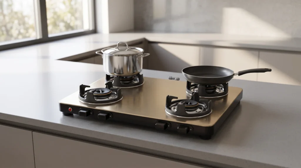 Modern 4-burner gas stove with brushed crystal gold stainless steel top on a clean kitchen countertop with cookware, lifestyle shot, minimal composition.