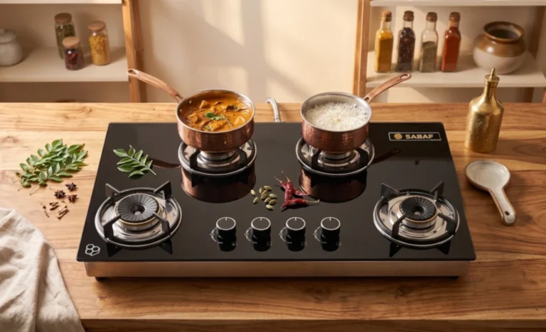 Modern black 4-burner toughened glass gas stove on a clean kitchen countertop, lifestyle shot of premium hybrid cooktop with brass burners, minimal composition