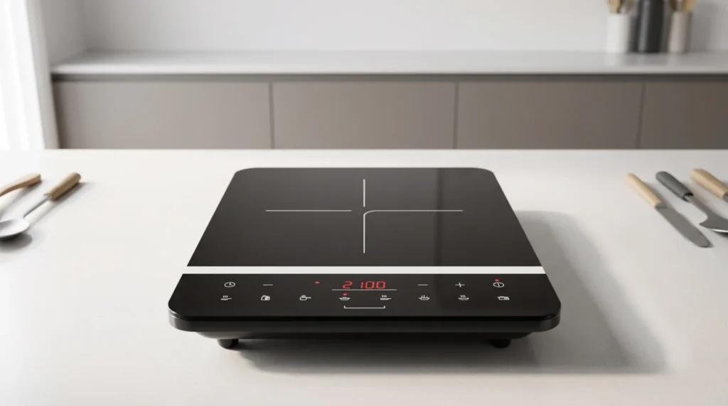 Sleek black ultra-thin portable induction cooktop on a modern kitchen counter, lifestyle shot of 2100W glass ceramic induction cooktop, minimal composition
