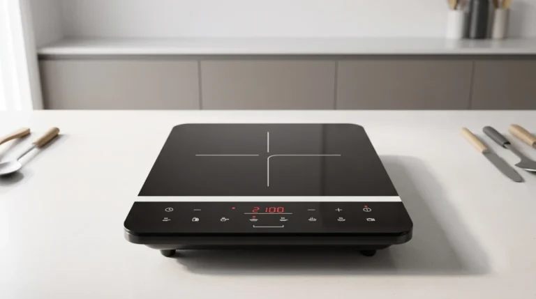 Sleek black ultra-thin portable induction cooktop on a modern kitchen counter, lifestyle shot of 2100W glass ceramic induction cooktop, minimal composition
