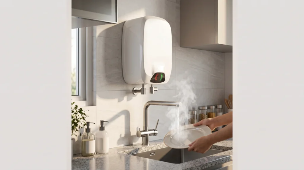 Premium generic compact white 3-litre instant electric water heater mounted above a modern kitchen sink with steam, highlighting instant hot water for the Crompton Rapid Jet review.