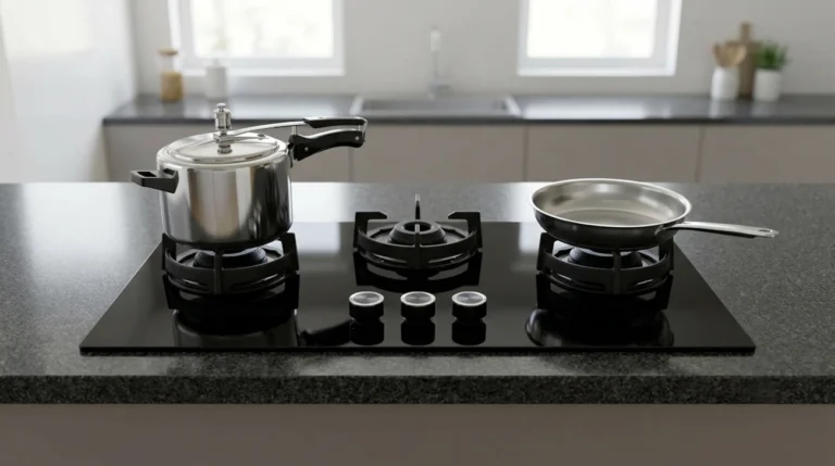 Modern black 75cm 3-burner built-in gas hob with cast iron pan supports on a clean granite kitchen countertop, lifestyle shot with cookware, minimal composition