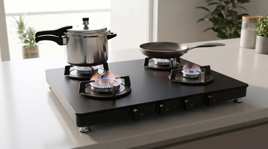 Modern black matt finish 4-burner glass top gas stove on a clean kitchen countertop with cookware, lifestyle shot, minimal composition.