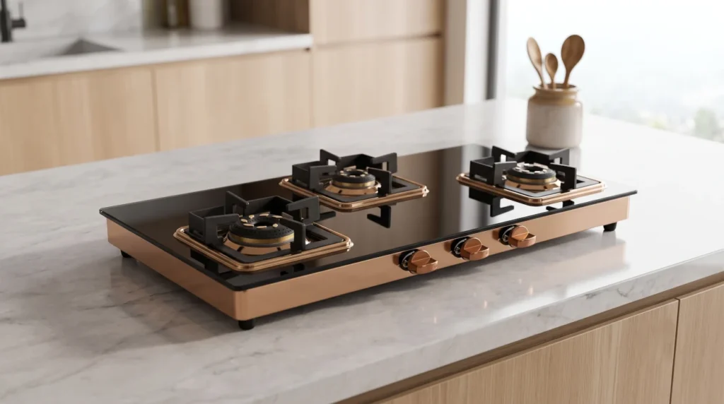 Modern 3-burner black toughened glass gas stove with brass burners on a clean kitchen counter, lifestyle product shot, soft lighting, minimal composition