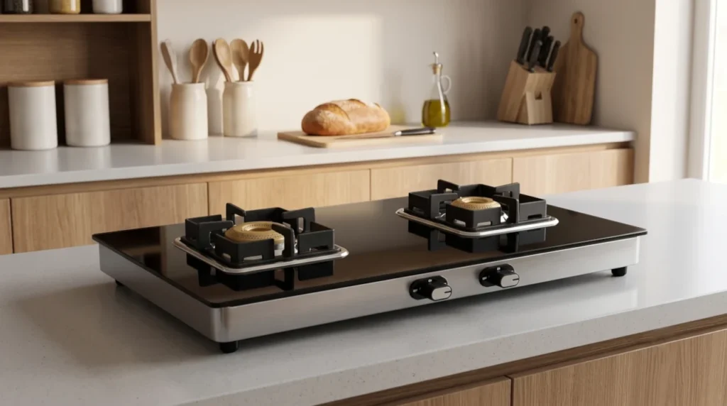 Modern black 2-burner toughened glass gas stove on a clean kitchen countertop, lifestyle shot of compact glass cooktop with brass burners, minimal composition