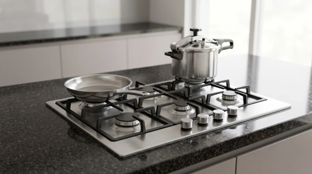 Modern built-in stainless steel 4-burner gas hob installed on a clean granite kitchen countertop, lifestyle shot with cookware, minimal composition.