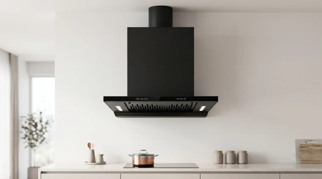 Modern black T-shape wall-mounted kitchen chimney installed above a clean modular kitchen countertop, lifestyle shot, minimal composition.