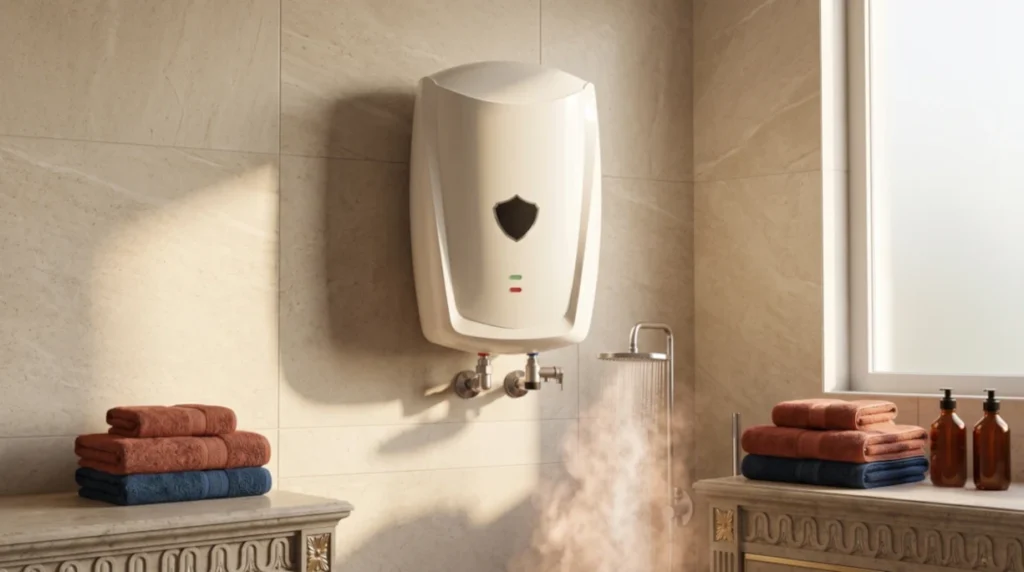 Premium generic vertical 5-litre instant electric water heater with twin LED indicators mounted in a modern bathroom with steam, highlighting anti-rust instant heating for the Havells Signa review.