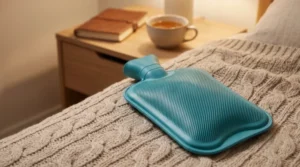 Premium generic 2-litre rubber hot water bag resting on a cozy knitted blanket, highlighting non-electric hot and cold pain relief for the LUMONY review.