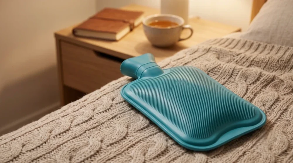 Premium generic 2-litre rubber hot water bag resting on a cozy knitted blanket, highlighting non-electric hot and cold pain relief for the LUMONY review.