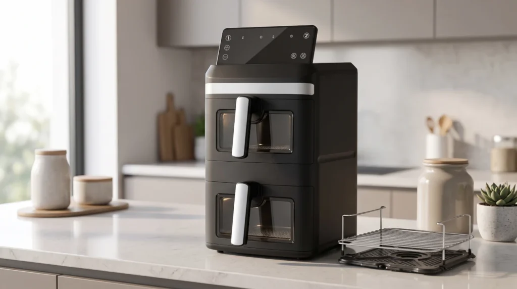 Sleek black vertical dual-basket air fryer on a modern kitchen counter, lifestyle shot of 14L double basket air fryer, minimal composition