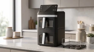 Sleek black vertical dual-basket air fryer on a modern kitchen counter, lifestyle shot of 14L double basket air fryer, minimal composition