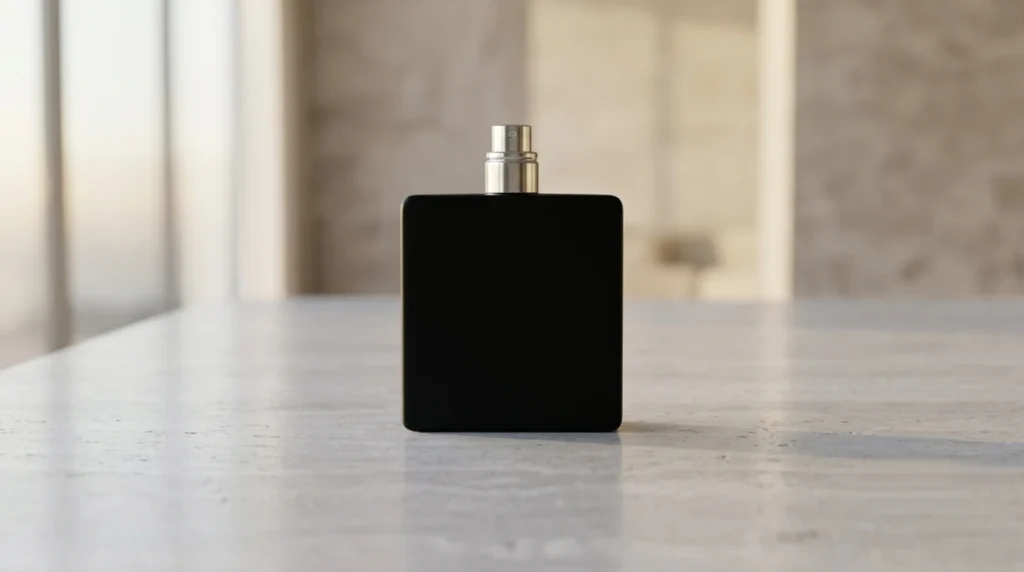 Elegant black men's EDT perfume bottle on a clean minimal surface, lifestyle product shot of 100ml citrus woody fragrance, soft lighting, minimal composition