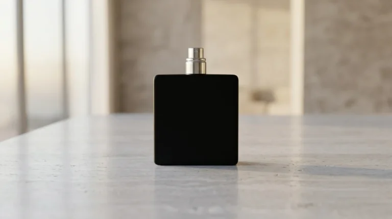 Elegant black men's EDT perfume bottle on a clean minimal surface, lifestyle product shot of 100ml citrus woody fragrance, soft lighting, minimal composition