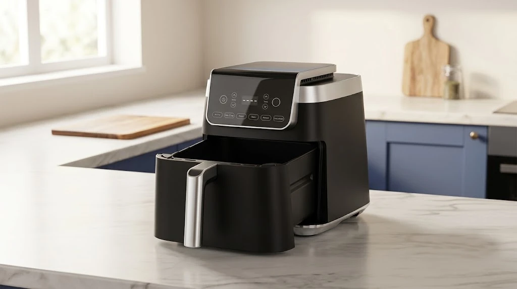 Modern black single-drawer air fryer on a clean kitchen countertop, lifestyle shot of compact 6.2L air fryer, minimal composition.