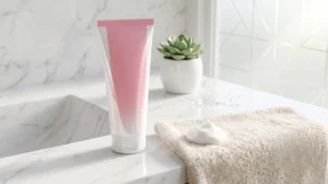 Premium generic white and pink facial cleanser tube with creamy foam on a modern bathroom vanity, highlighting oil-free daily skincare for the POND'S Bright Beauty face wash review.