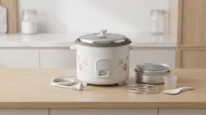 Modern electric rice cooker with stainless steel lid and dual aluminium pans on a clean kitchen counter, lifestyle product shot, soft lighting, minimal composition