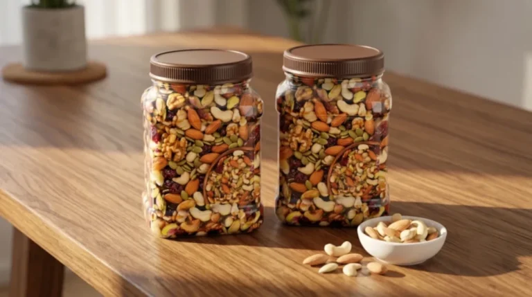 Premium generic twin transparent jars filled with healthy mixed dry fruits and seeds on a wooden table, highlighting clean unseasoned snacking for the PrettyNutty Nutmix review.