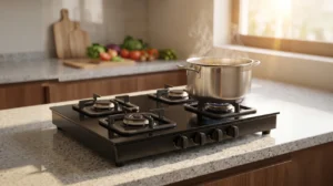 Heavy-duty 4-burner black glass gas stove with exactly four knobs on a modern kitchen countertop, highlighting zero-skid cooking for the Sujata Classic review.