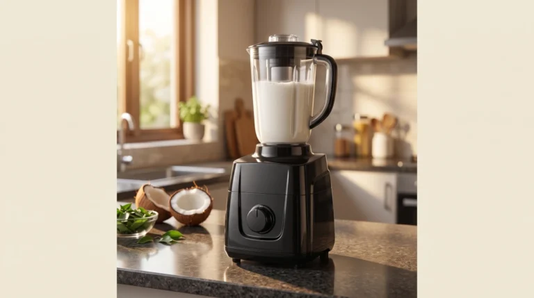 Premium generic heavy-duty black 1000W mixer grinder extracting thick coconut milk on a modern kitchen counter, highlighting continuous bulk grinding performance for the Sujata MG03 review.