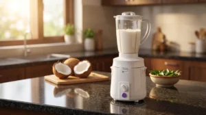 Premium generic heavy-duty white 900W juicer mixer grinder extracting thick coconut milk on a modern kitchen counter, highlighting continuous grinding performance for the Sujata Multimix review.