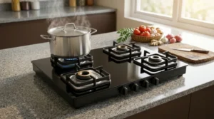 Heavy-duty 4-burner black glass gas stove with exactly four knobs on a modern kitchen countertop, highlighting zero-skid cooking for the Sujata Classic review.