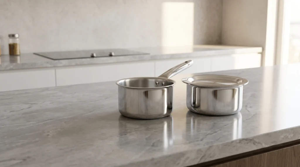 Polished stainless steel tope with lid and teapan with handle on a clean kitchen countertop, lifestyle shot of compact triply cookware set, minimal composition.