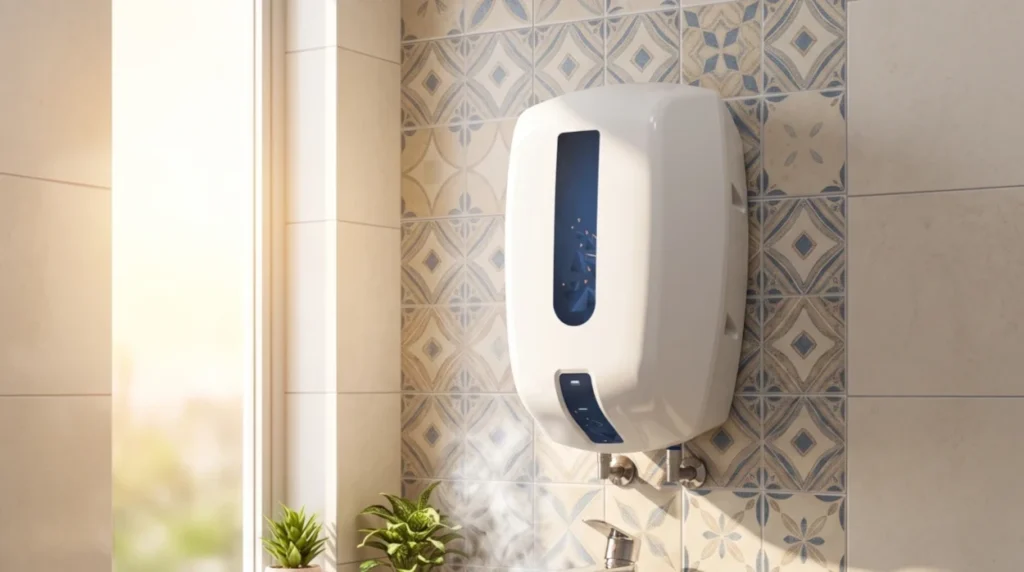 Premium generic compact white and blue 3-litre instant electric water heater mounted above a modern washbasin with steam, highlighting instant hot water for the V-Guard Zio review.