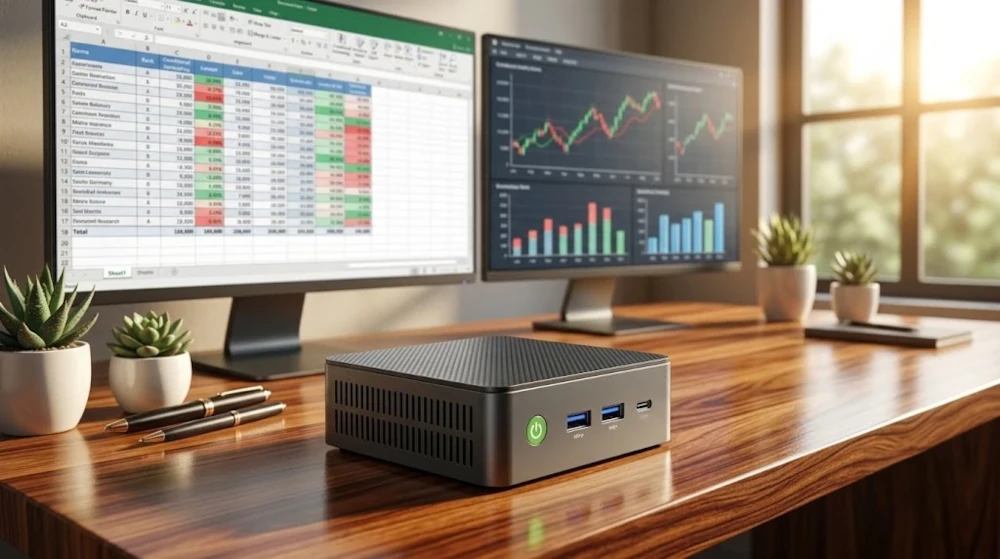 Premium generic ultra-compact mini PC on a modern office desk with dual monitors, highlighting space-saving dual 4K desktop computing for the GMKtec Nucbox G3 Plus review.