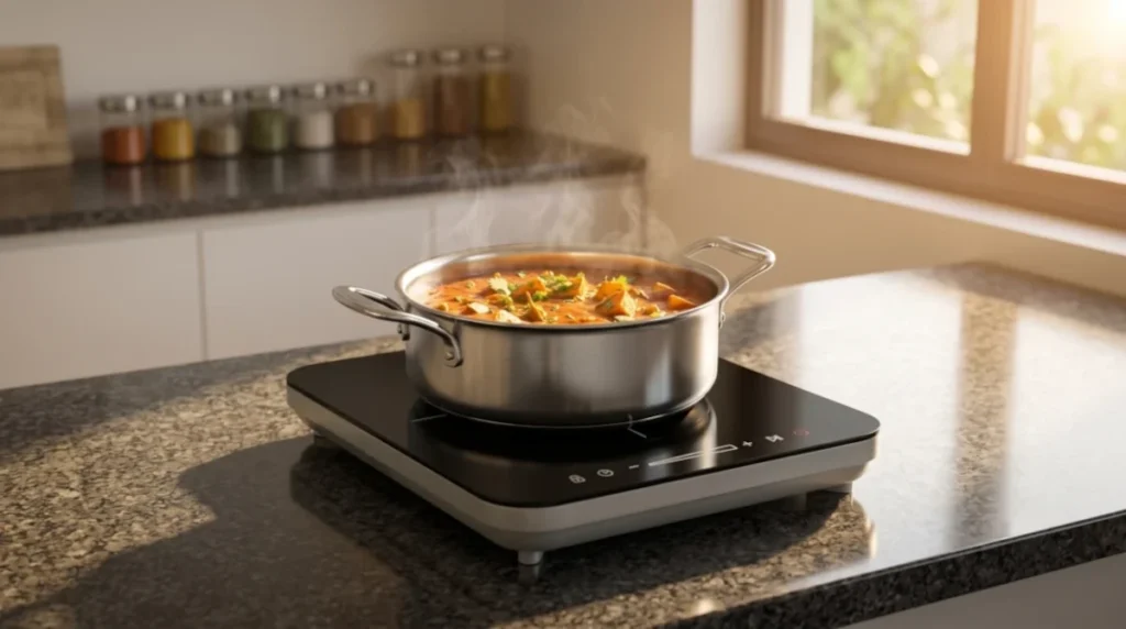 Premium generic black crystal glass induction cooktop simmering food in a modern kitchen, highlighting precision heat control for the Hawkins Futura review.