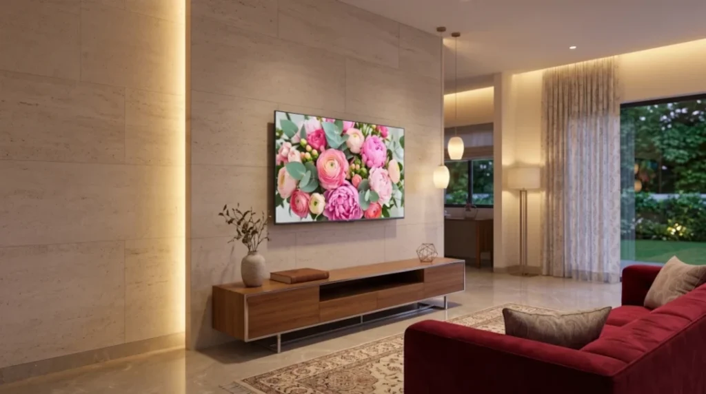 Premium generic bezel-less 43-inch smart TV mounted in a modern living room without a soundbar, highlighting built-in Dolby Atmos audio for the Hisense QLED TV review.