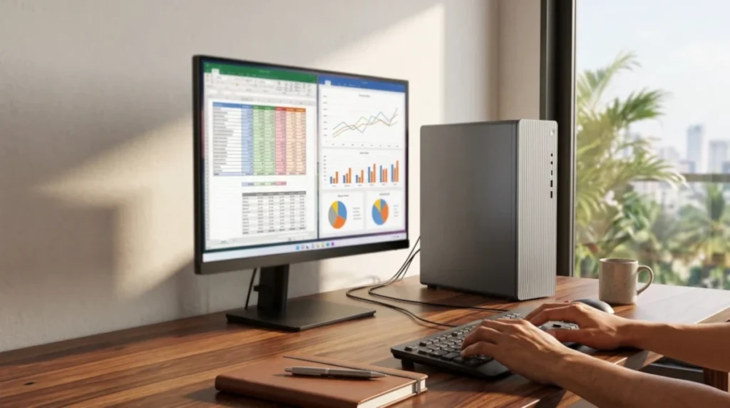 Premium generic cloud-grey desktop computer tower on a modern office desk with a blurred monitor, highlighting high-speed business processing for the Lenovo IdeaCentre i7 review.
